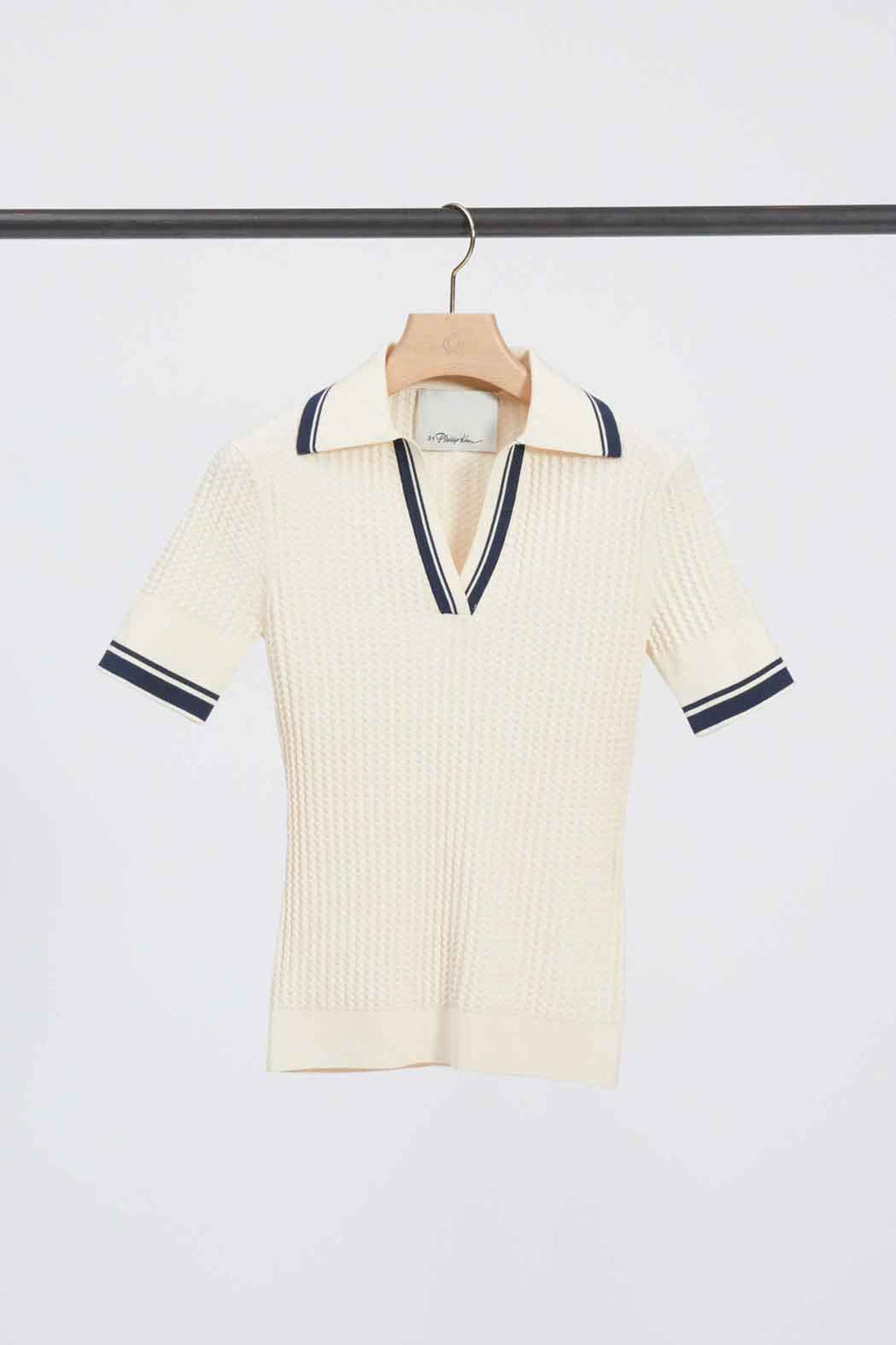 Ecru-Navy Textured Rib Fitted Polo | 3.1 Phillip Lim