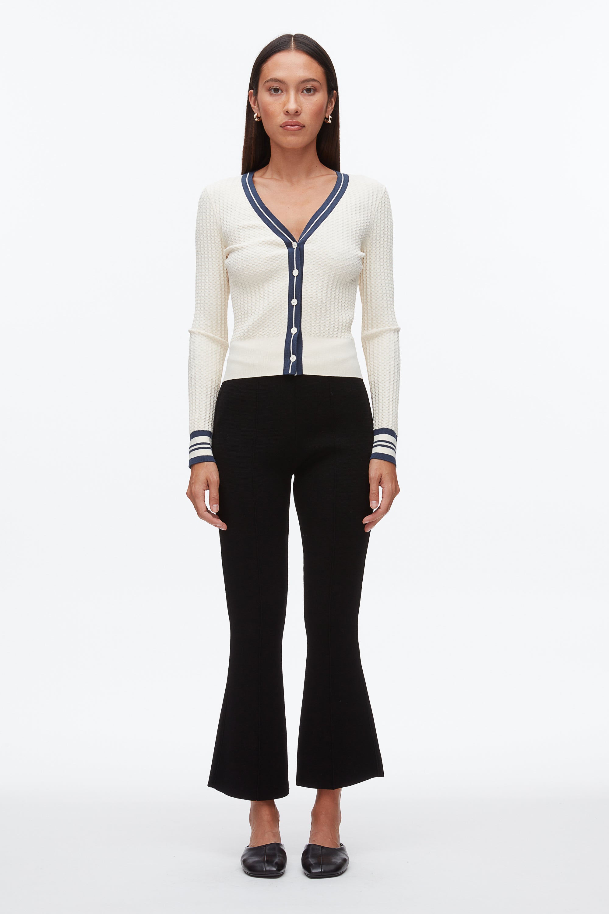 Ecru-Navy Textured Rib Cardigan | 3.1 Phillip Lim