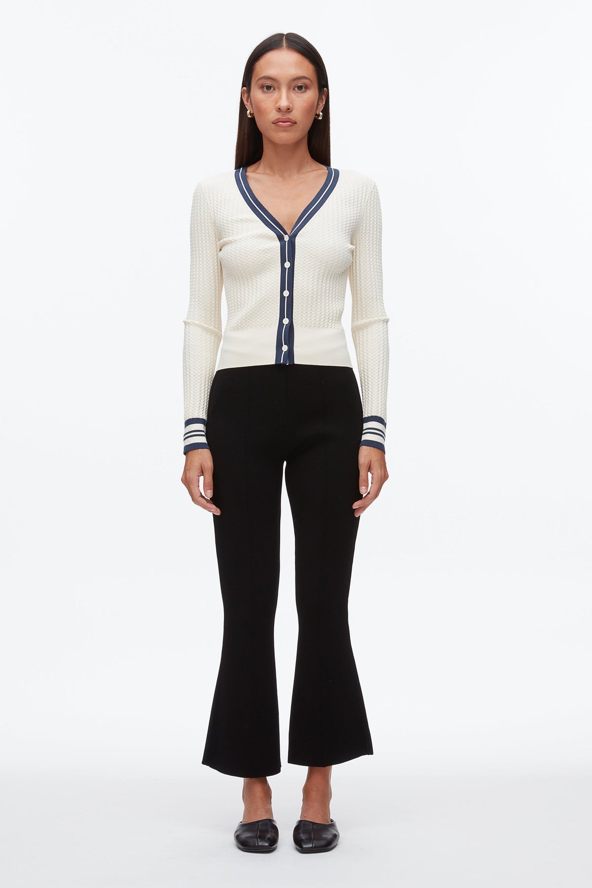 Ecru-Navy Textured Rib Cardigan | 3.1 Phillip Lim