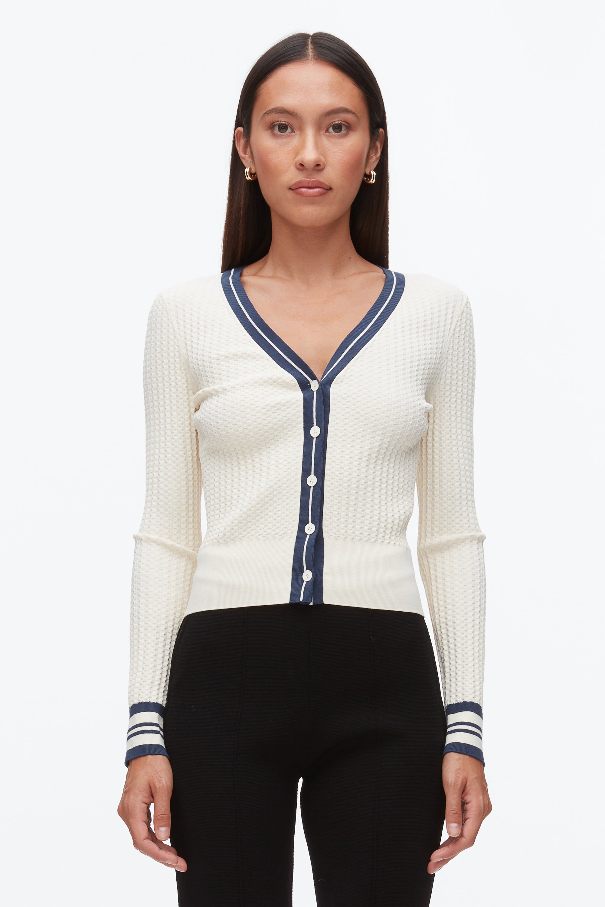 Ecru-Navy Textured Rib Cardigan | 3.1 Phillip Lim