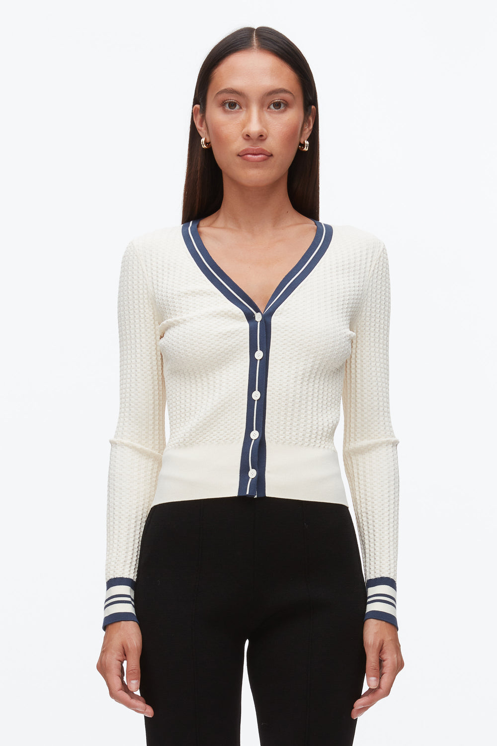 Ecru-Navy Textured Rib Cardigan | 3.1 Phillip Lim