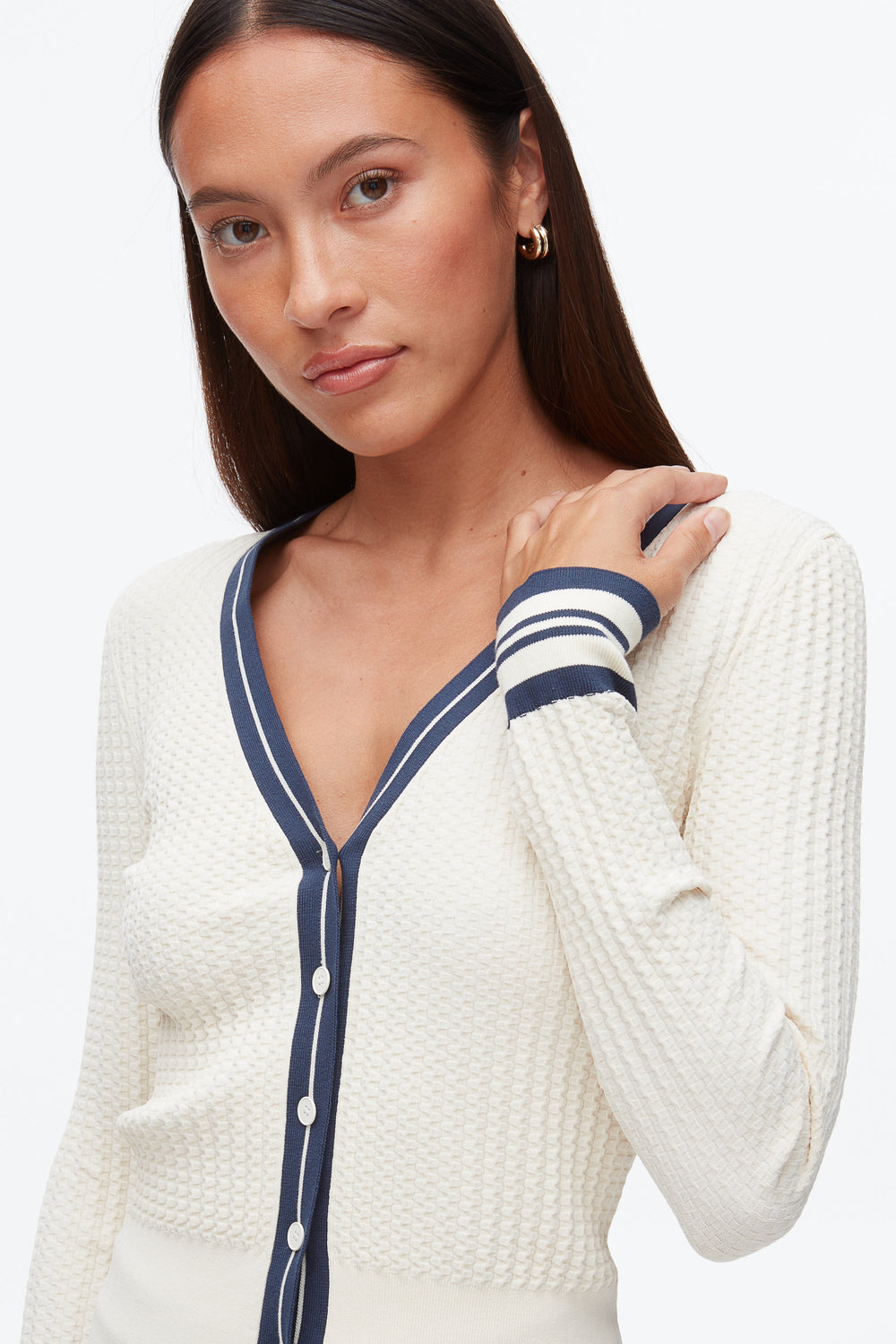 Ecru-Navy Textured Rib Cardigan | 3.1 Phillip Lim