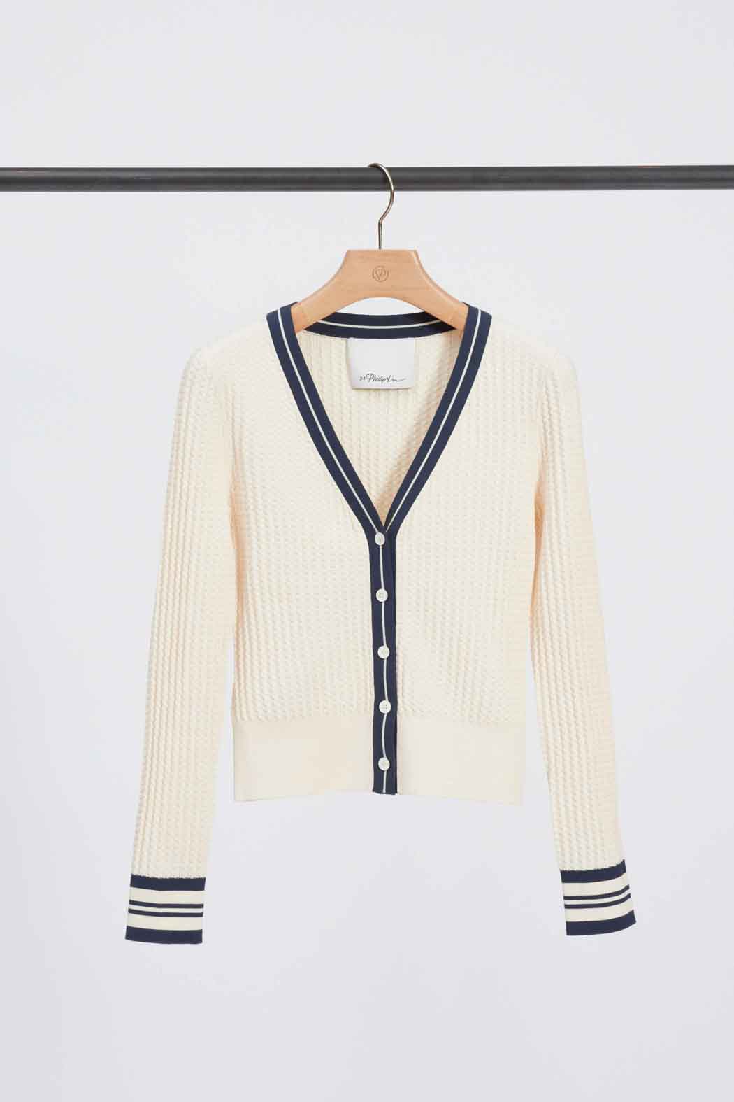 Ecru-Navy Textured Rib Cardigan | 3.1 Phillip Lim