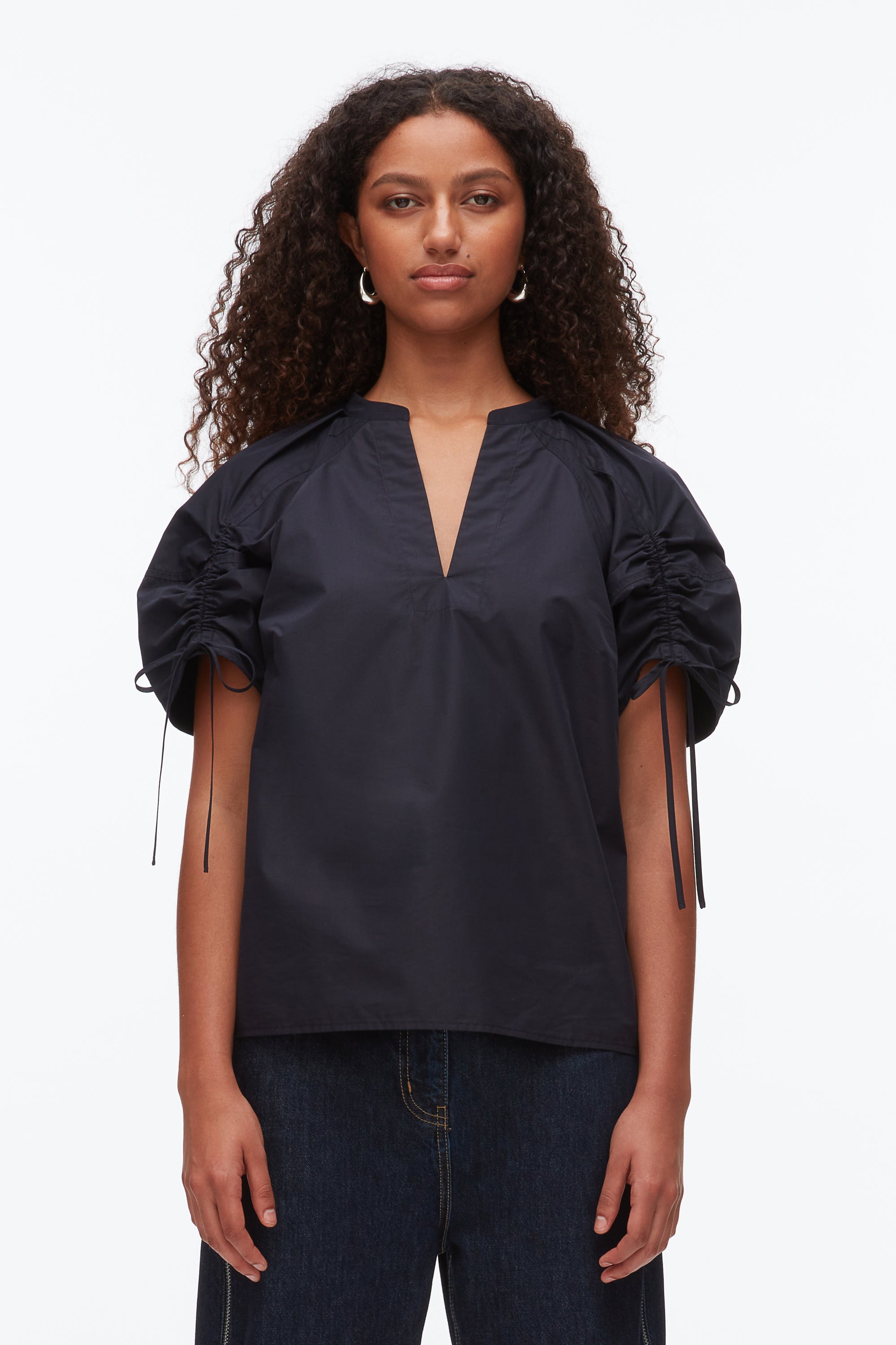 Midnight Ruched Sleeve V-Neck Top | 3.1 Phillip Lim