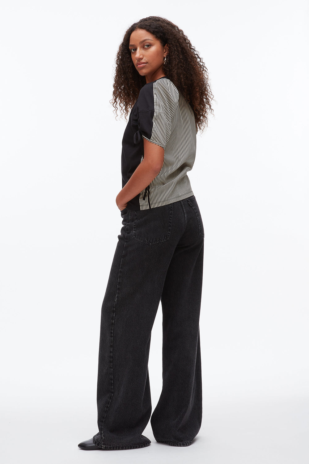 Black-Black Multi Ruched T-Shirt with Poplin Back | 3.1 Phillip Lim
