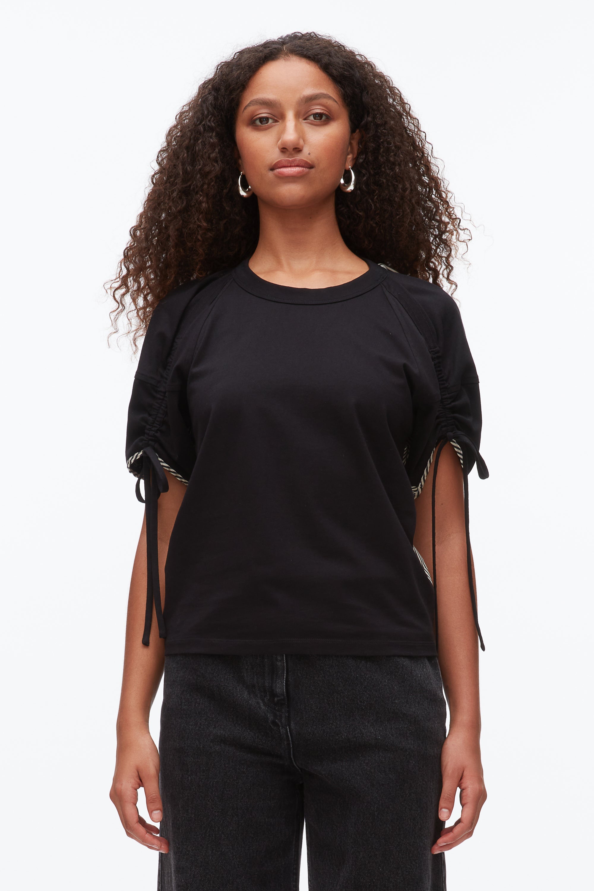 Black-Black Multi Ruched T-Shirt with Poplin Back | 3.1 Phillip Lim