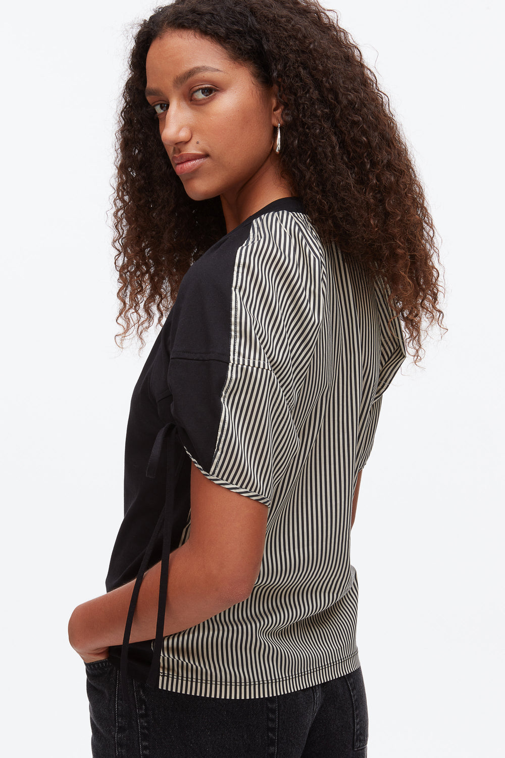 Black-Black Multi Ruched T-Shirt with Poplin Back | 3.1 Phillip Lim