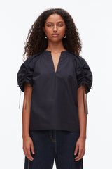 Oxford Blue Ruched Sleeve V-Neck Top | 3.1 Phillip Lim