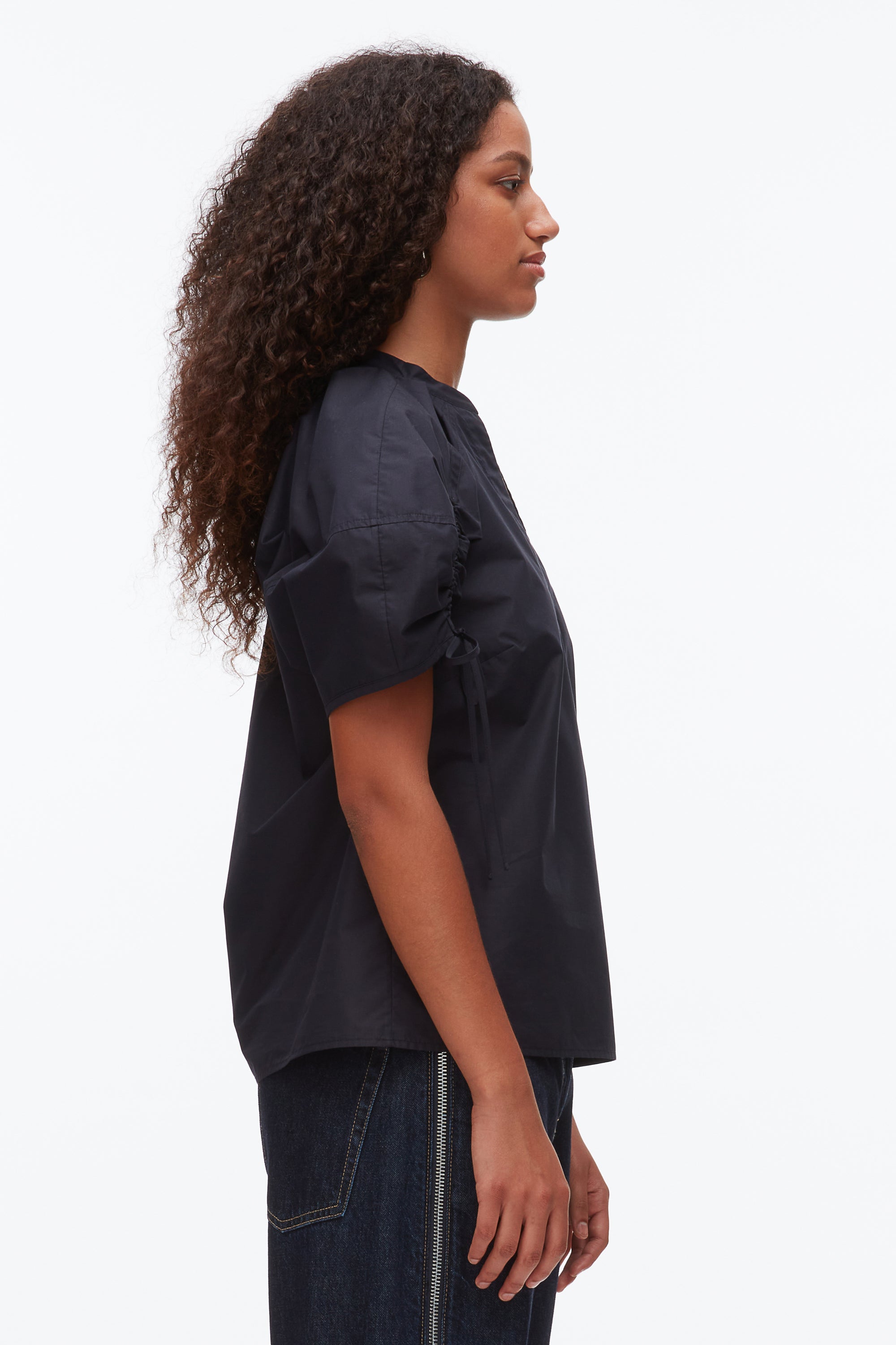 Oxford Blue Ruched Sleeve V-Neck Top | 3.1 Phillip Lim