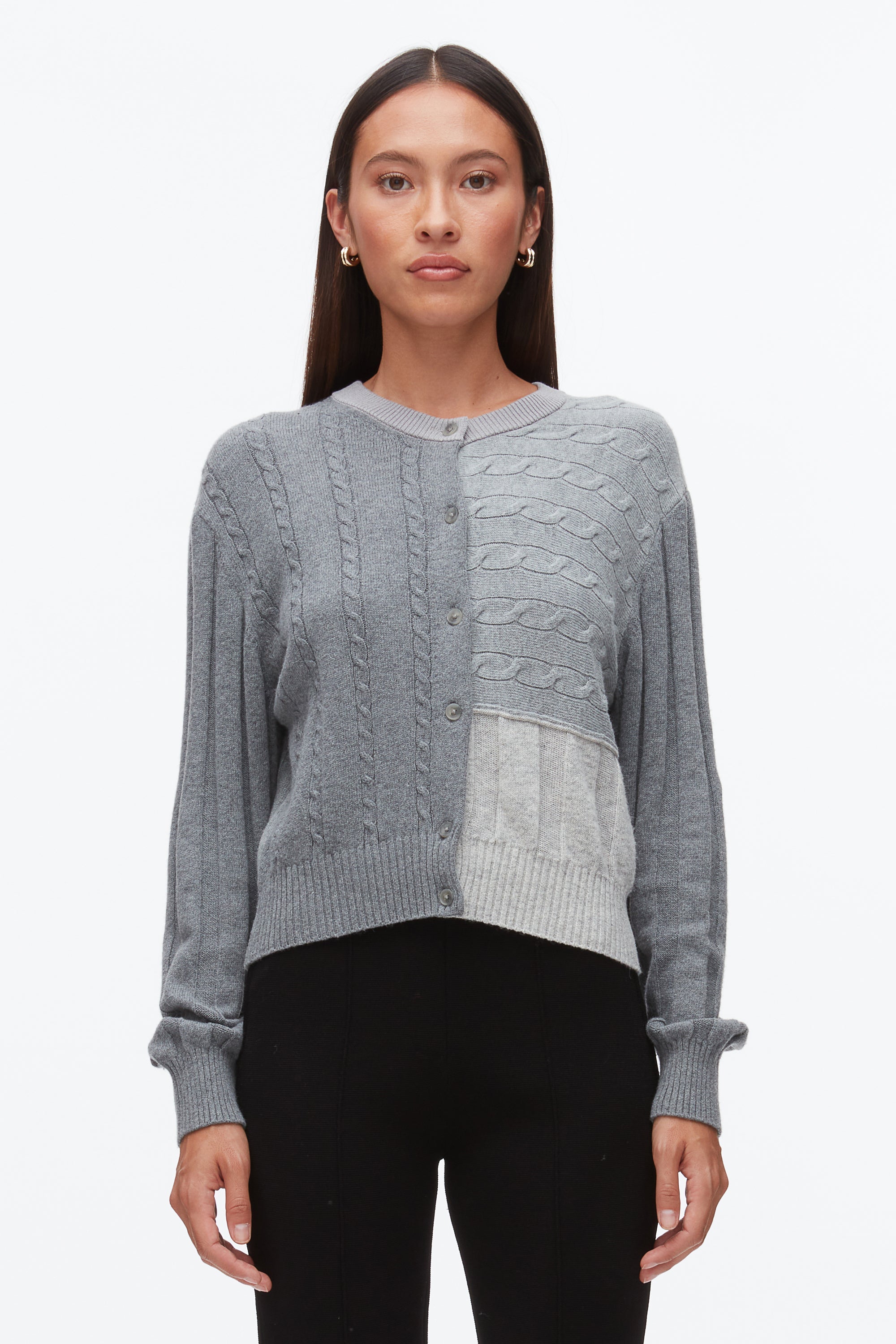 Dark Grey Melange Multi Mix Cable Crew Neck Cardigan | 3.1 Phillip Lim