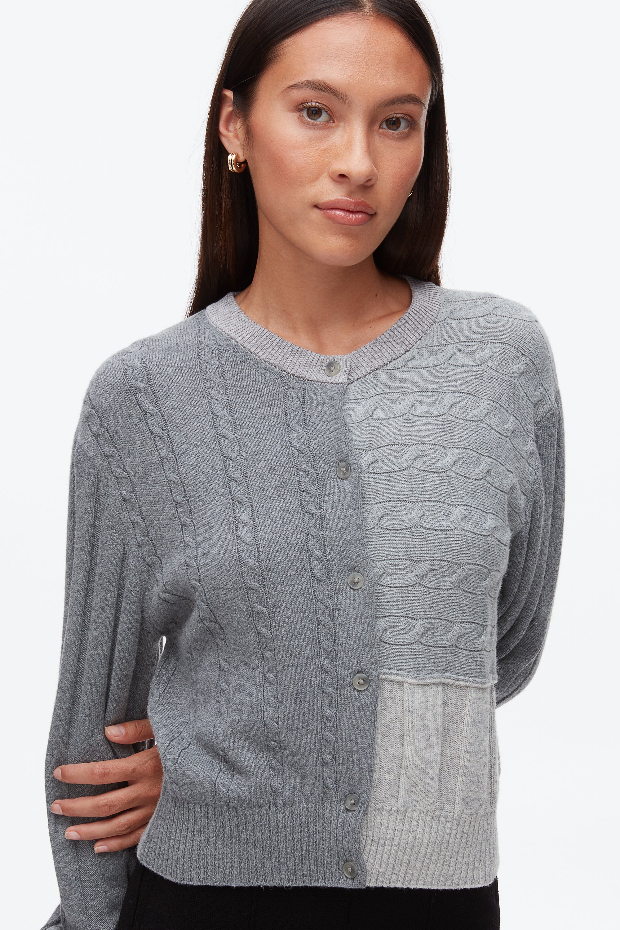 Dark Grey Melange Multi Mix Cable Crew Neck Cardigan | 3.1 Phillip Lim