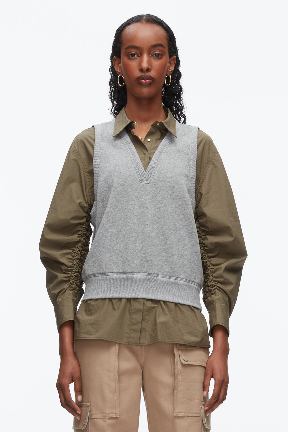 Grey Melange-Army Layered Vest Ruched Sleeve Shirt | 3.1 Phillip Lim