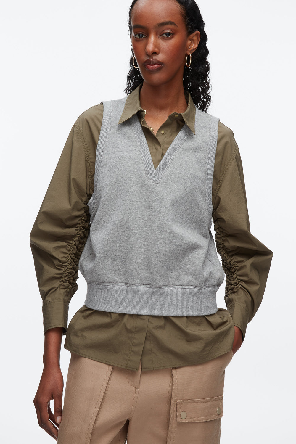 Grey Melange-Army Layered Vest Ruched Sleeve Shirt | 3.1 Phillip Lim