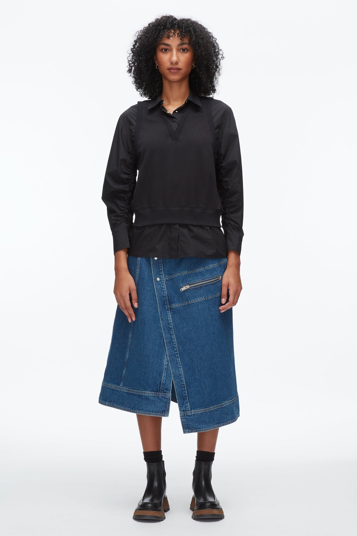 Black-Black Layered Vest Ruched Sleeve Shirt | 3.1 Phillip Lim