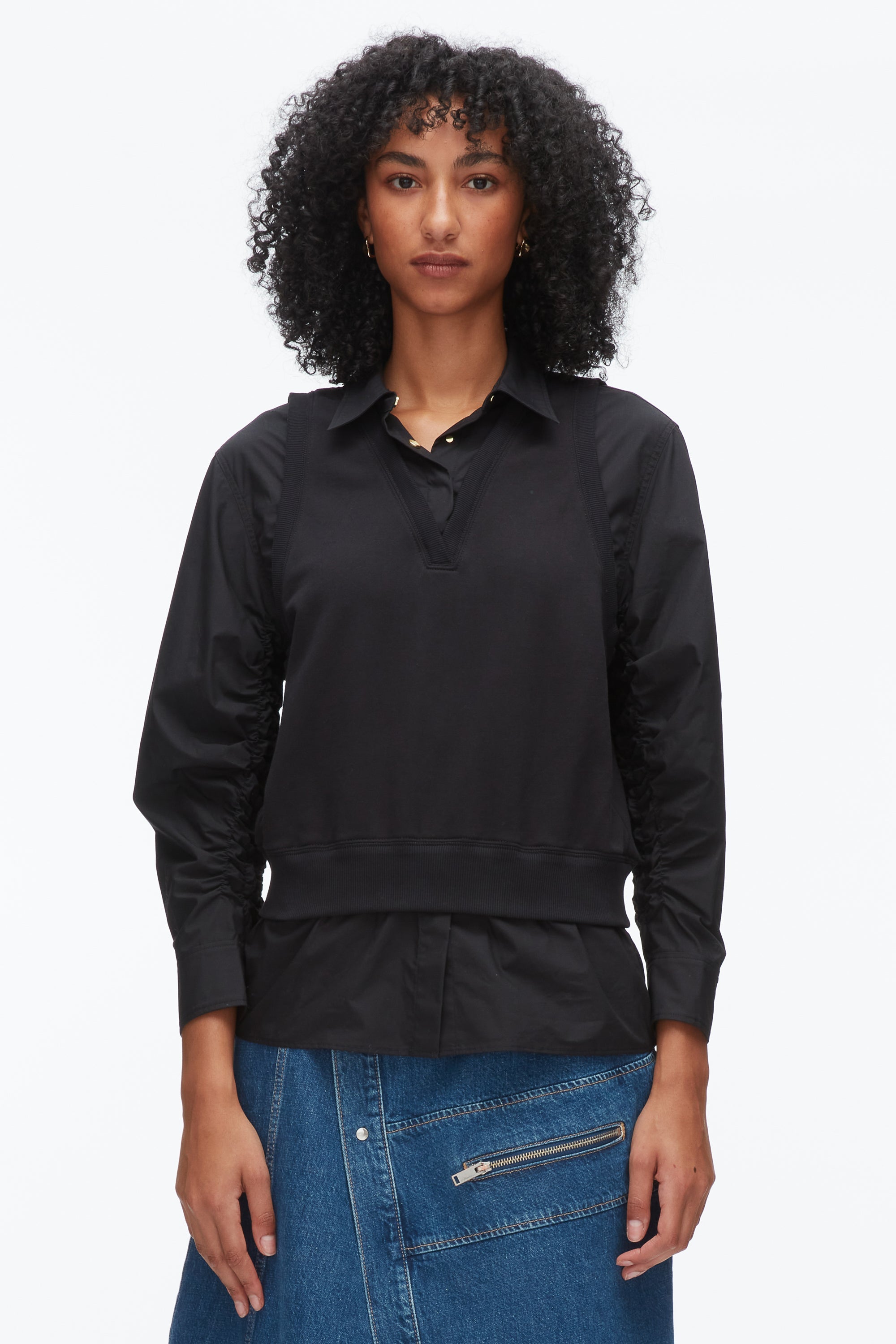 Black-Black Layered Vest Ruched Sleeve Shirt | 3.1 Phillip Lim