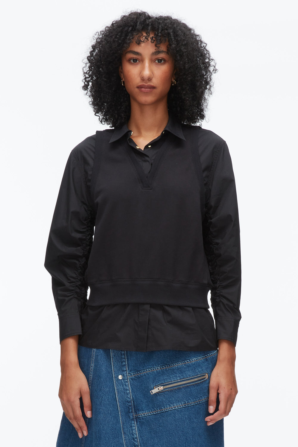 Black-Black Layered Vest Ruched Sleeve Shirt | 3.1 Phillip Lim