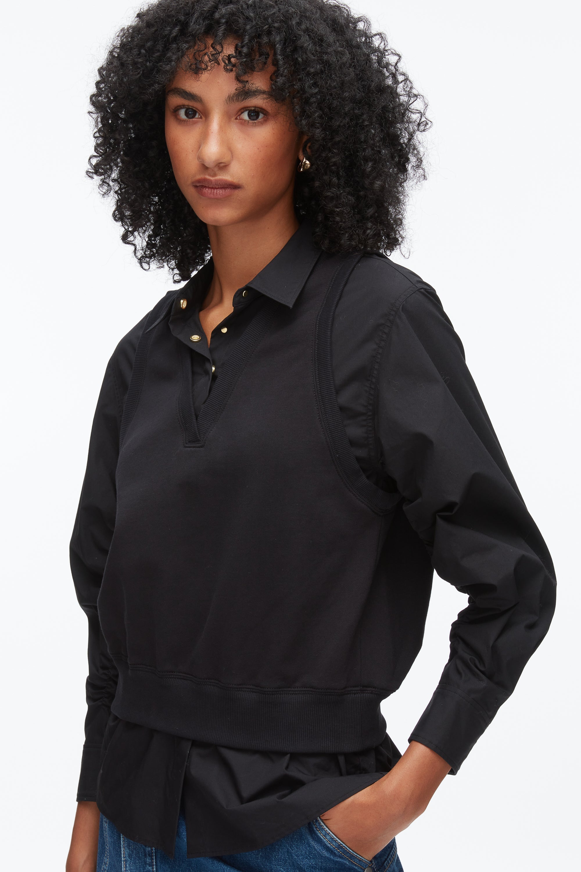 Black-Black Layered Vest Ruched Sleeve Shirt | 3.1 Phillip Lim