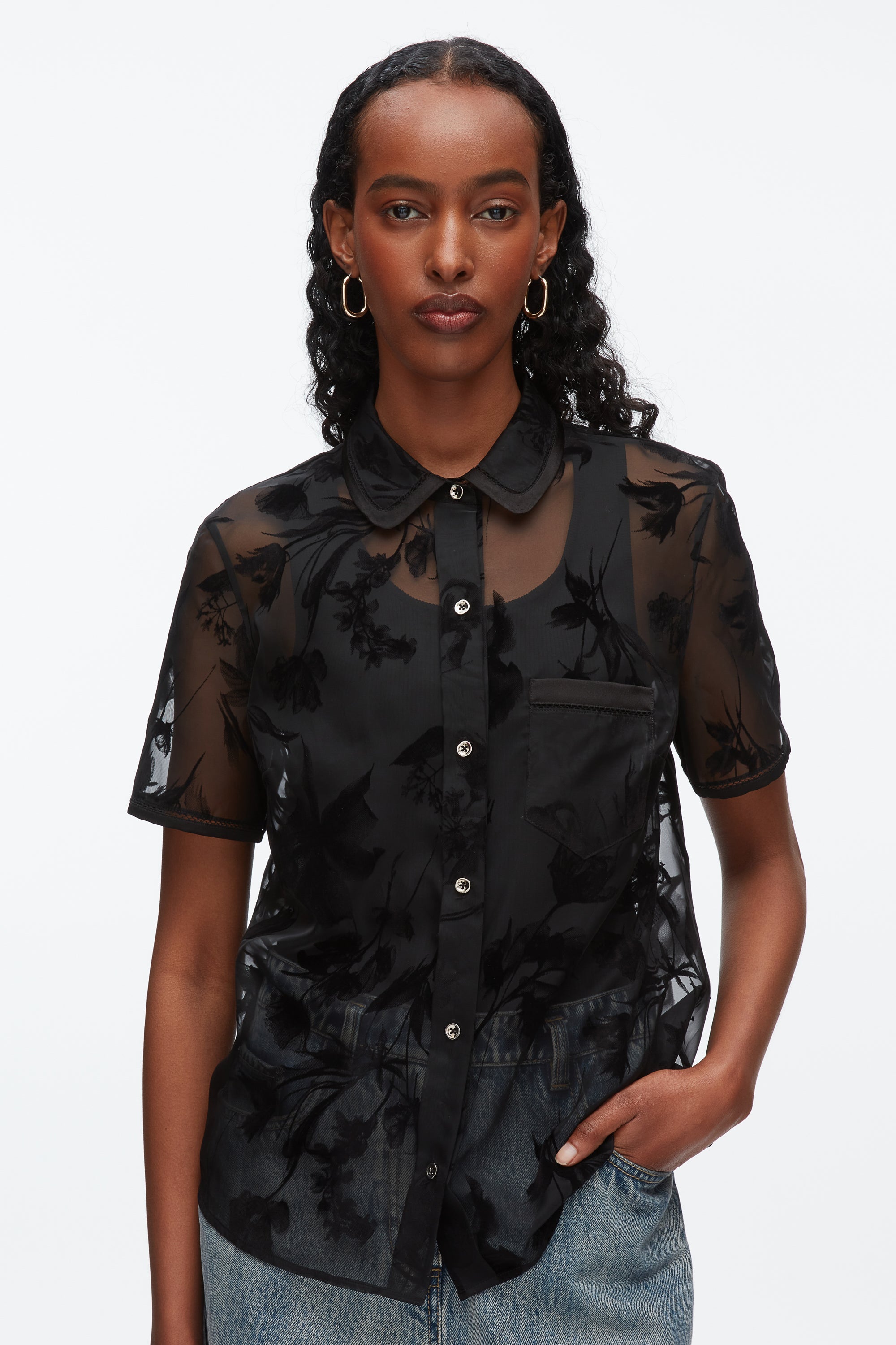 Black Flocked Organza Short Sleeve Shirt | 3.1 Phillip Lim