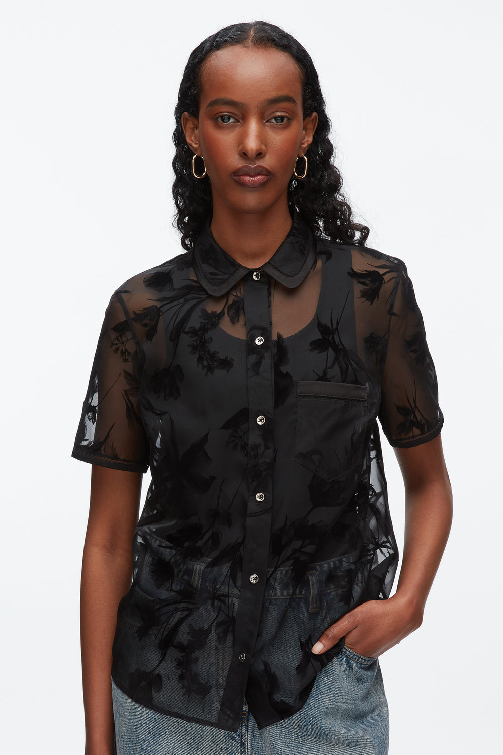 Black Flocked Organza Short Sleeve Shirt | 3.1 Phillip Lim