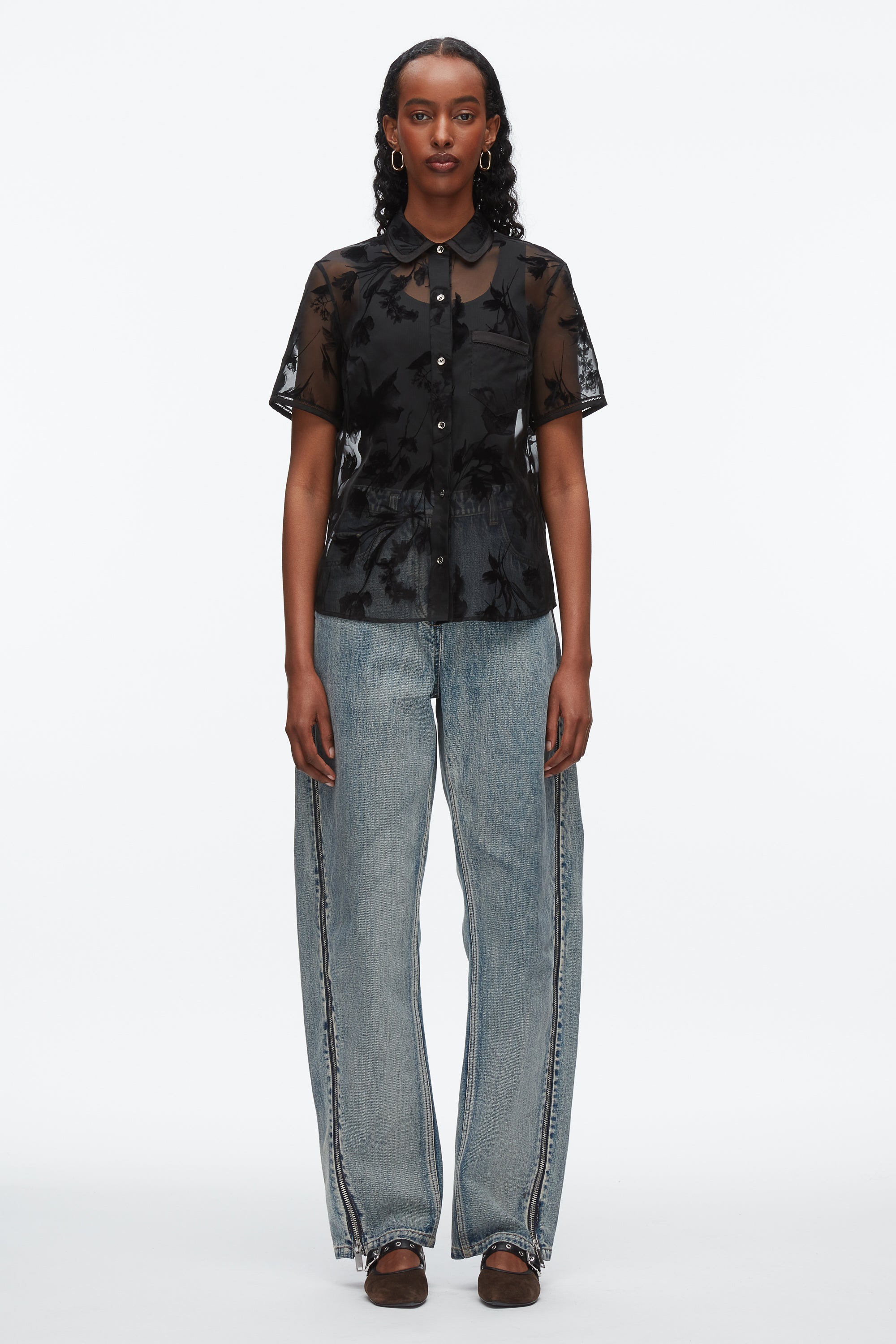 Black Flocked Organza Short Sleeve Shirt | 3.1 Phillip Lim