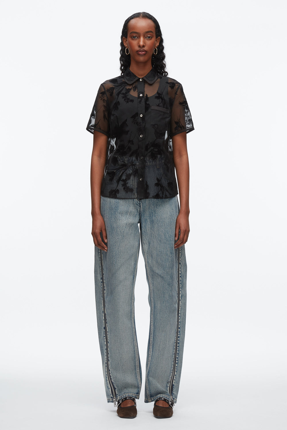 Black Flocked Organza Short Sleeve Shirt | 3.1 Phillip Lim