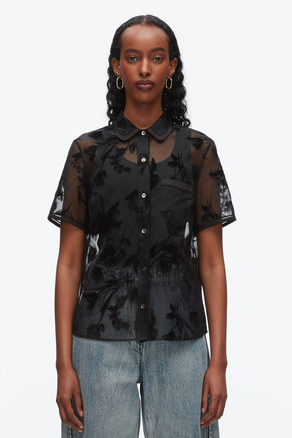 Black Flocked Organza Short Sleeve Shirt | 3.1 Phillip Lim