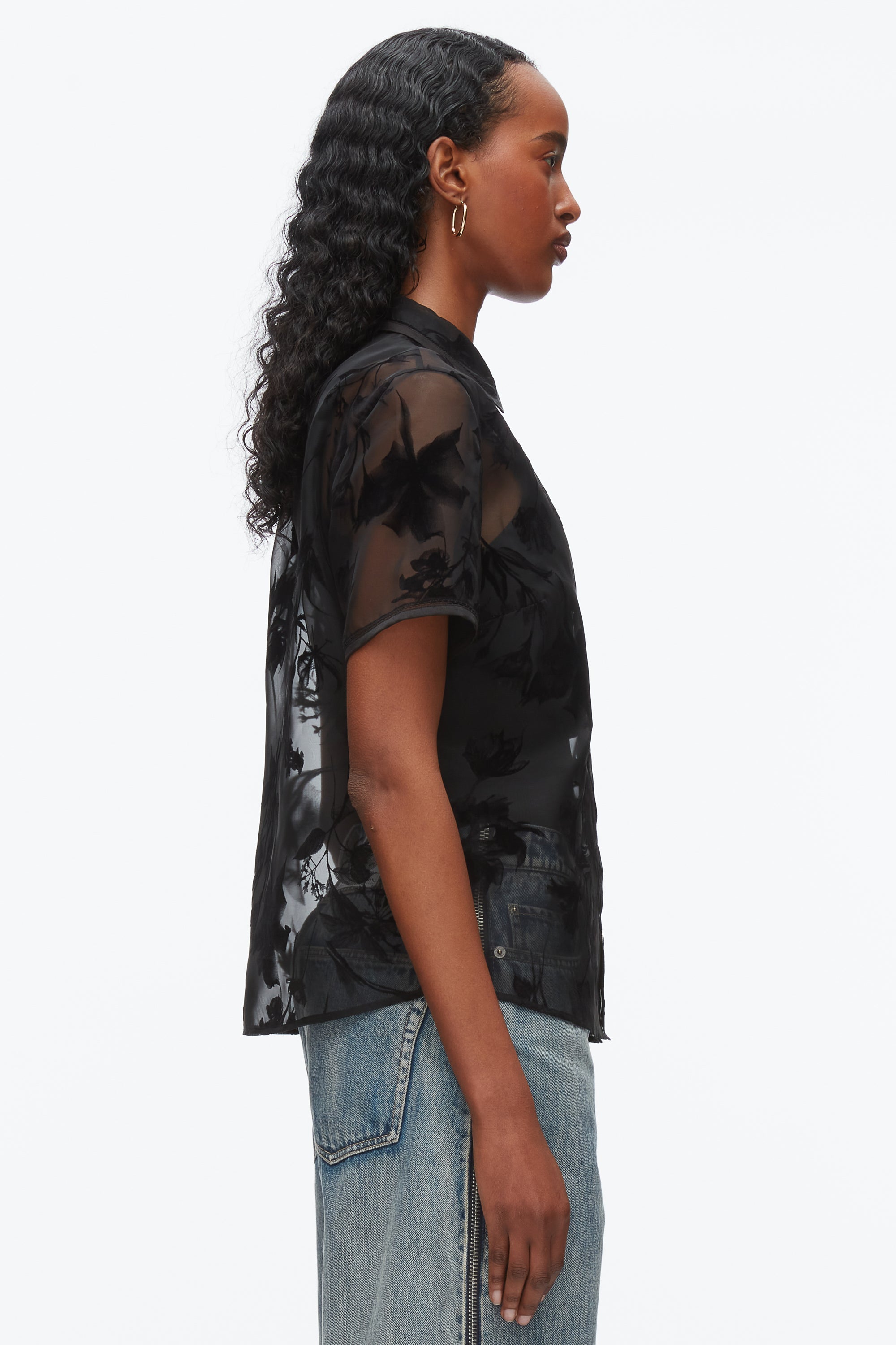 Black Flocked Organza Short Sleeve Shirt | 3.1 Phillip Lim