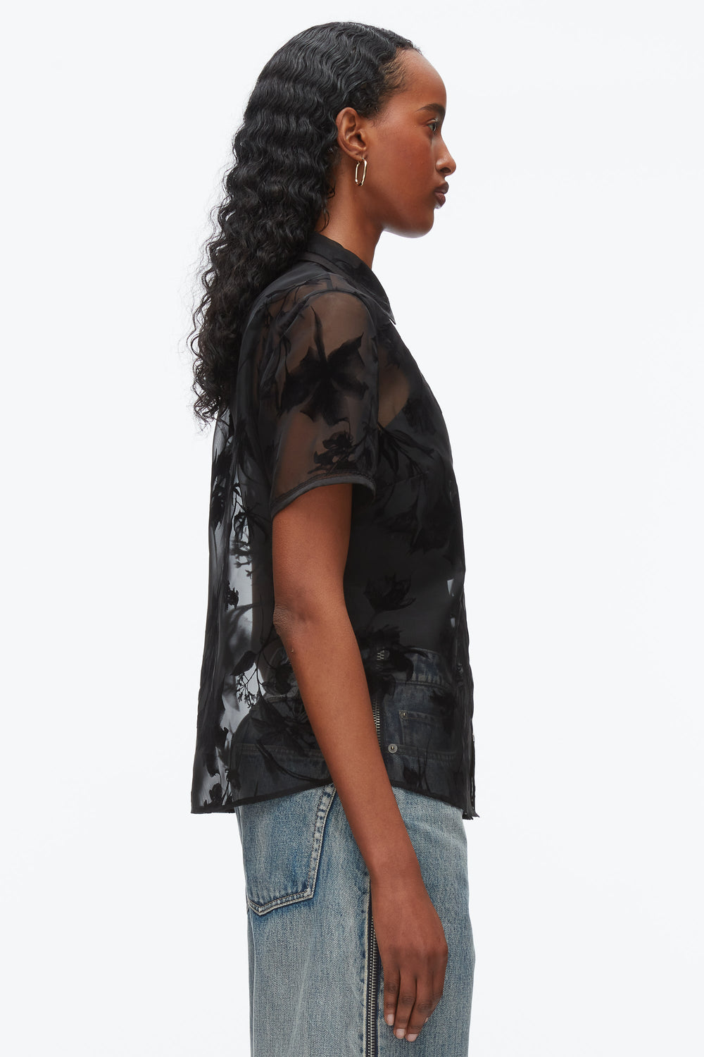 Black Flocked Organza Short Sleeve Shirt | 3.1 Phillip Lim