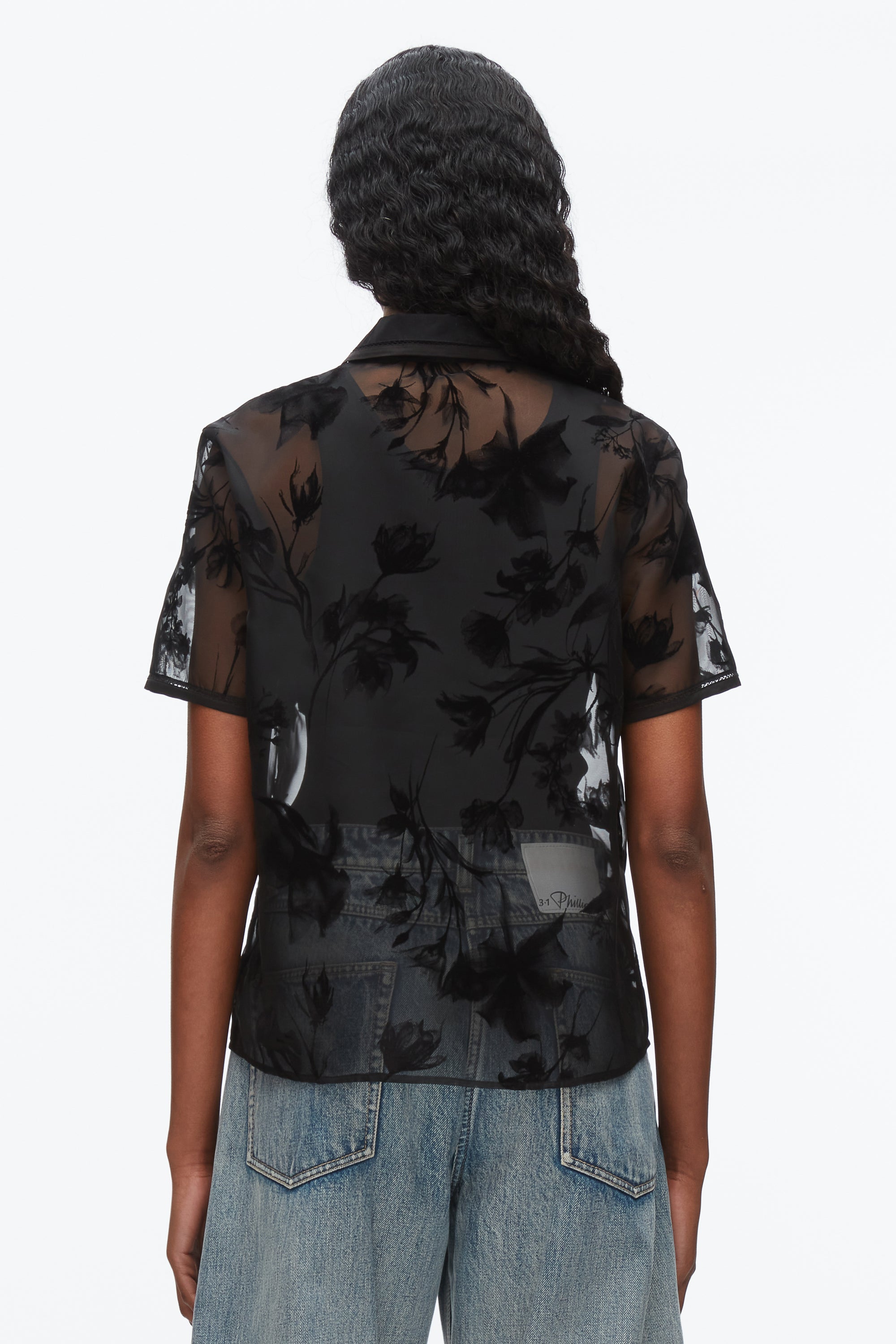 Black Flocked Organza Short Sleeve Shirt | 3.1 Phillip Lim