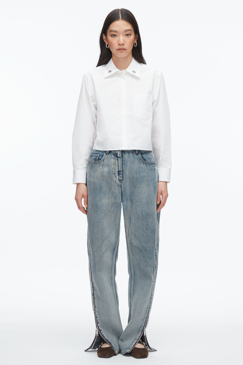 White Cropped Shirt with Embroidered Collar | 3.1 Phillip Lim