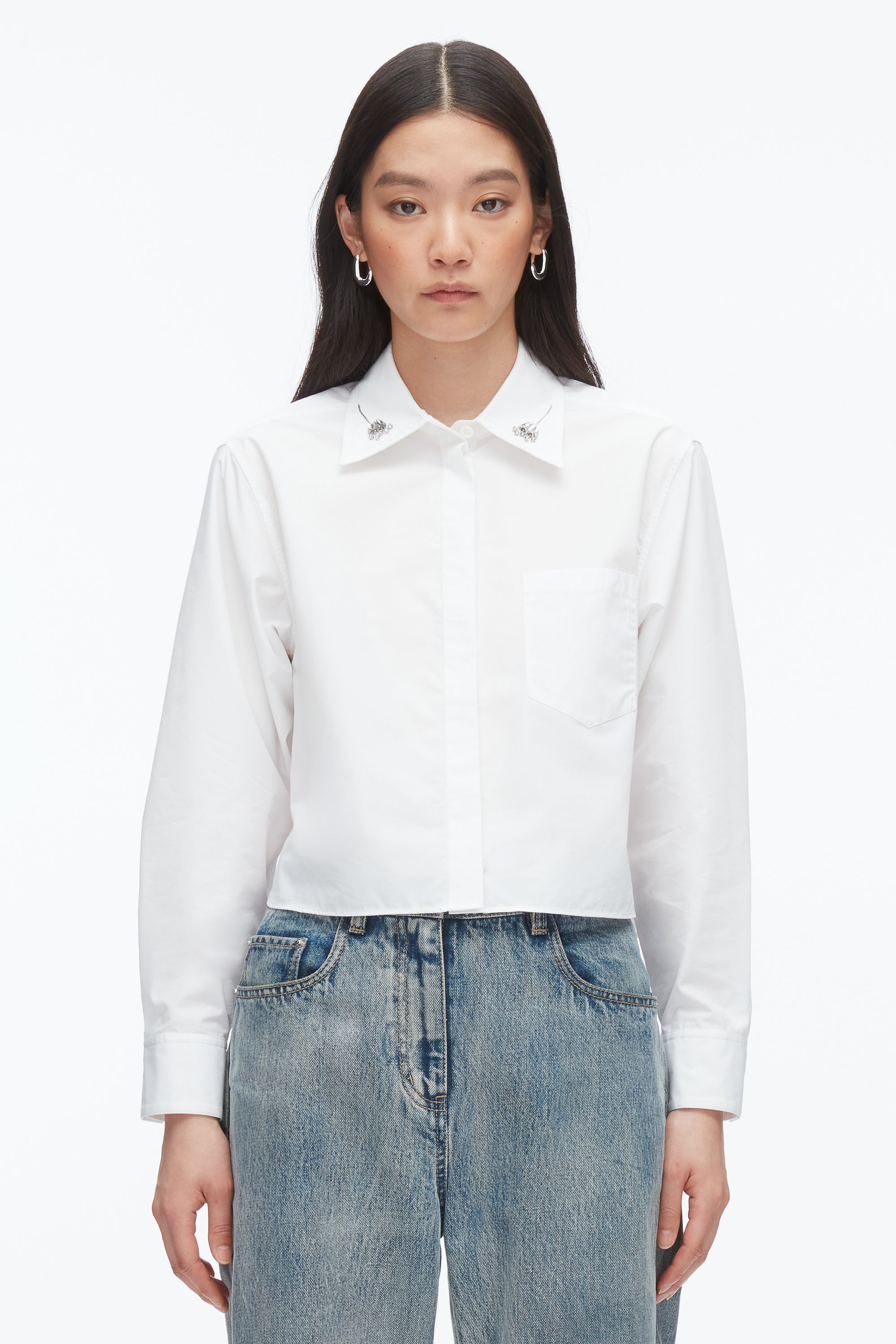 White Cropped Shirt with Embroidered Collar | 3.1 Phillip Lim
