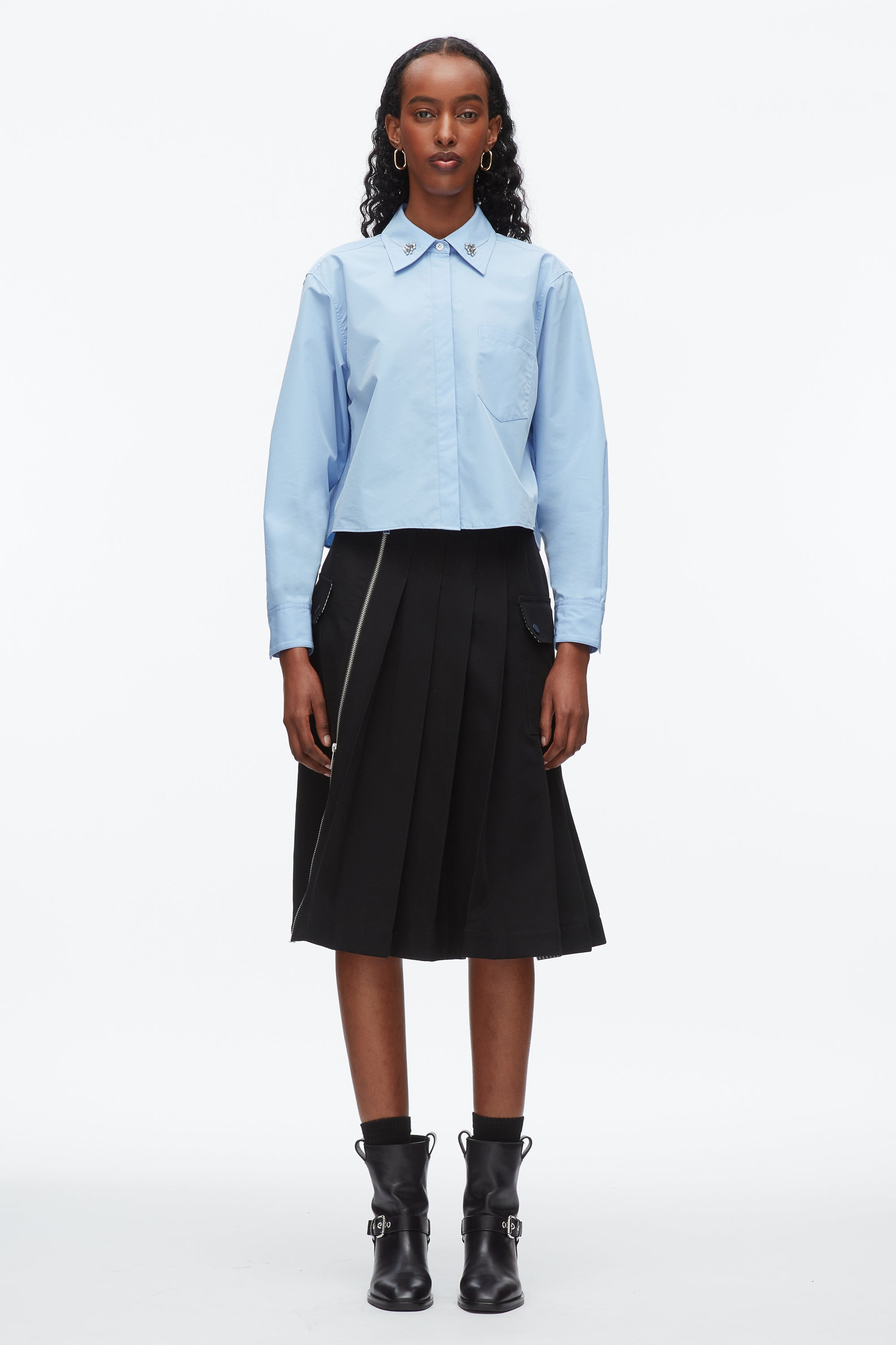 Oxford Blue Cropped Shirt with Embroidered Collar | 3.1 Phillip Lim