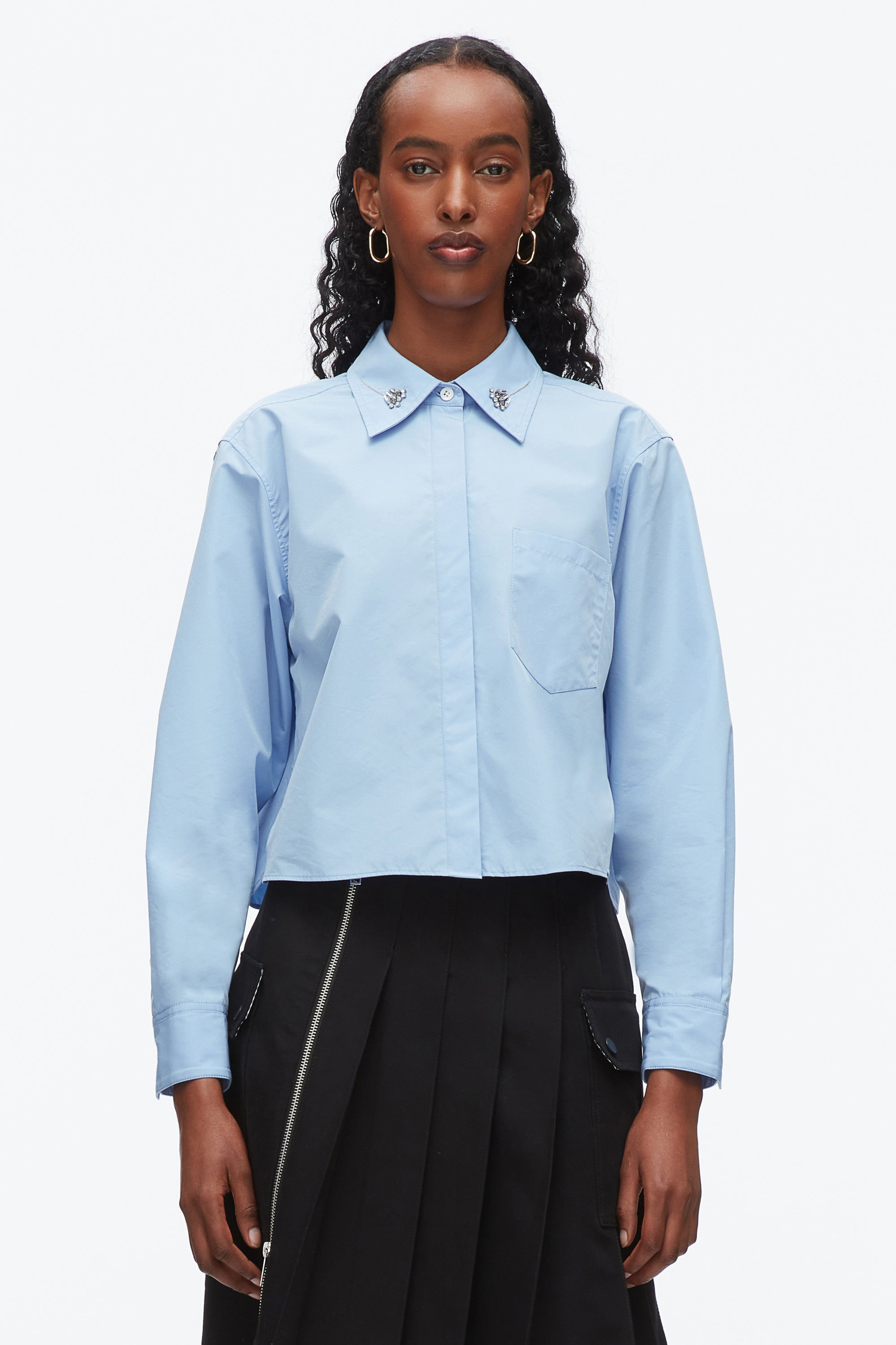 Oxford Blue Cropped Shirt with Embroidered Collar | 3.1 Phillip Lim