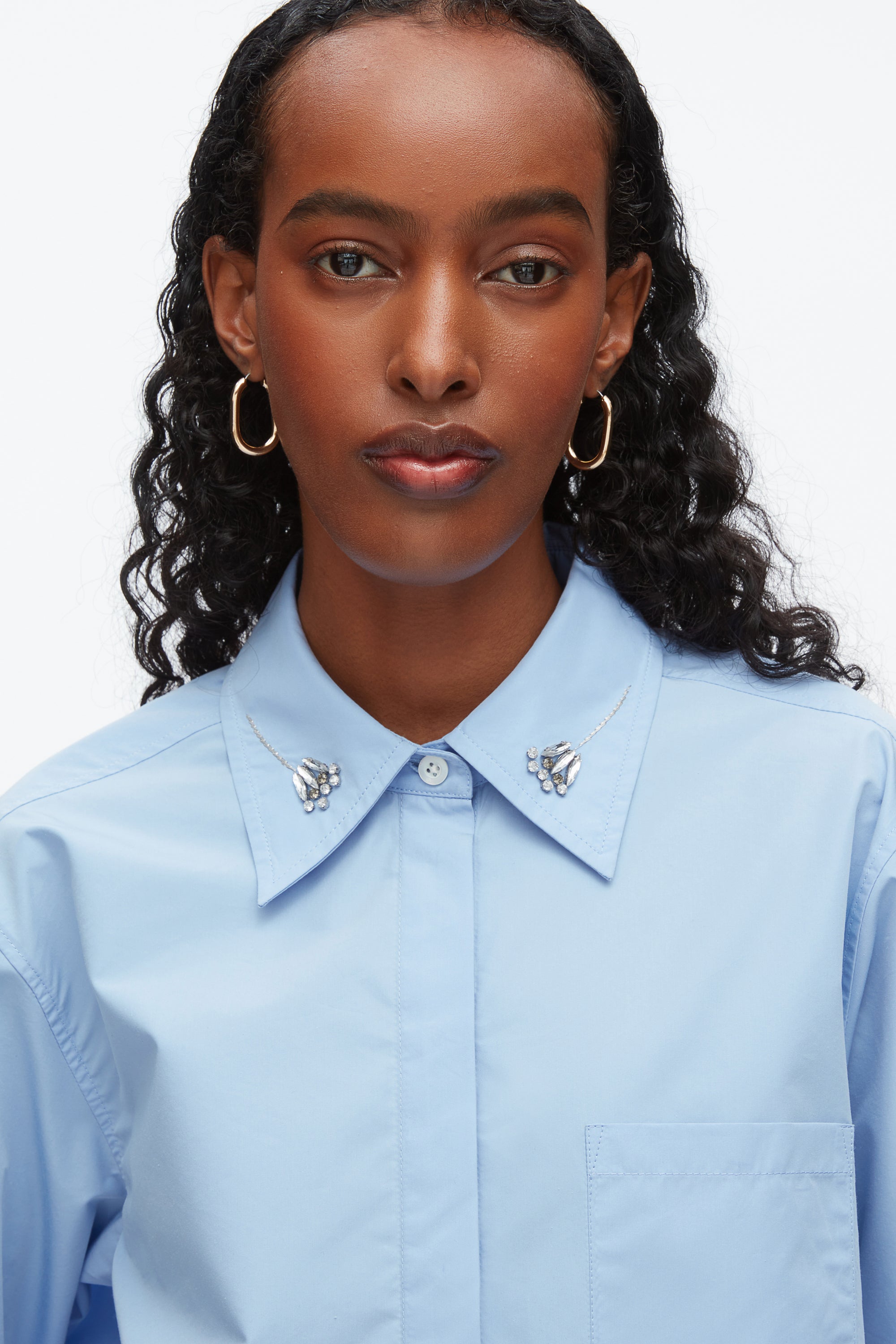 Oxford Blue Cropped Shirt with Embroidered Collar | 3.1 Phillip Lim