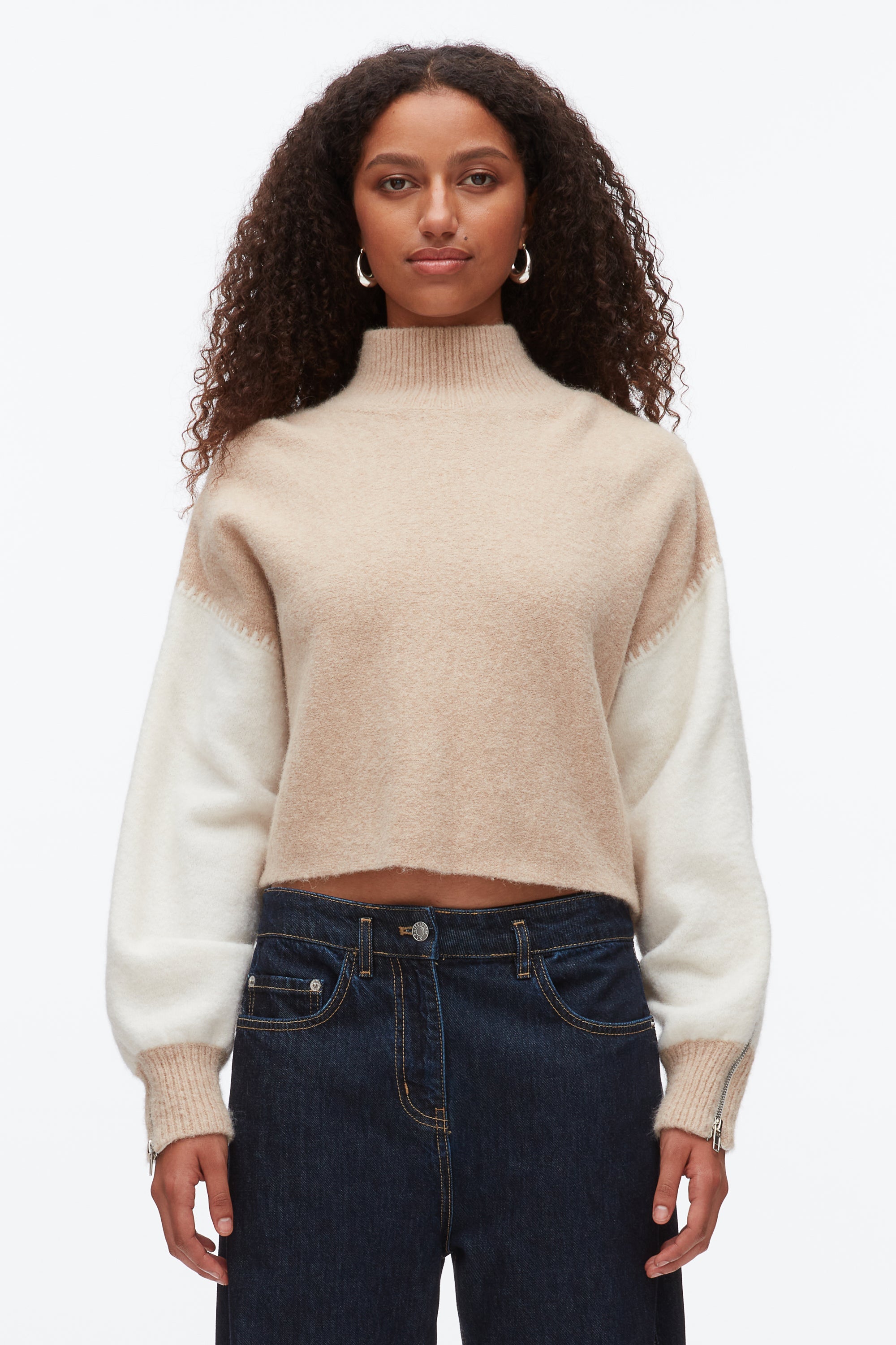 Ivory-Beige Colorblock Zip Sleeve Turtleneck | 3.1 Phillip Lim