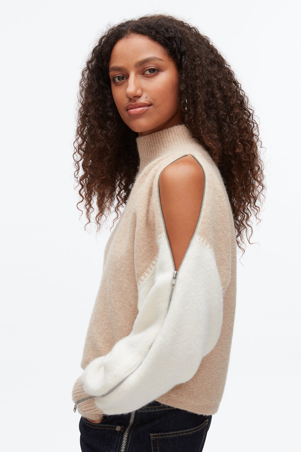 Ivory-Beige Colorblock Zip Sleeve Turtleneck | 3.1 Phillip Lim