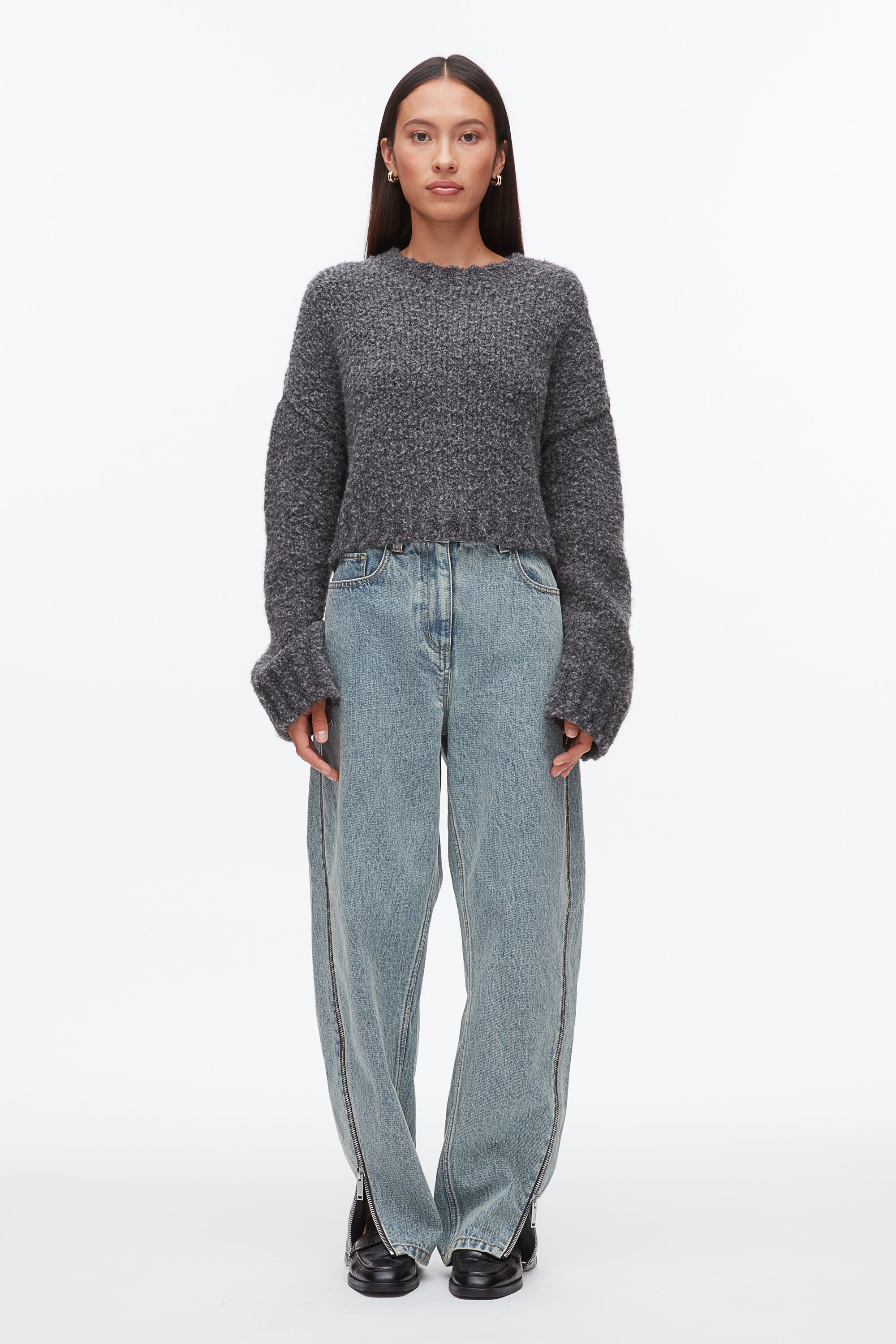 Charcoal Melange Boucle Zipper Crewneck | 3.1 Phillip Lim