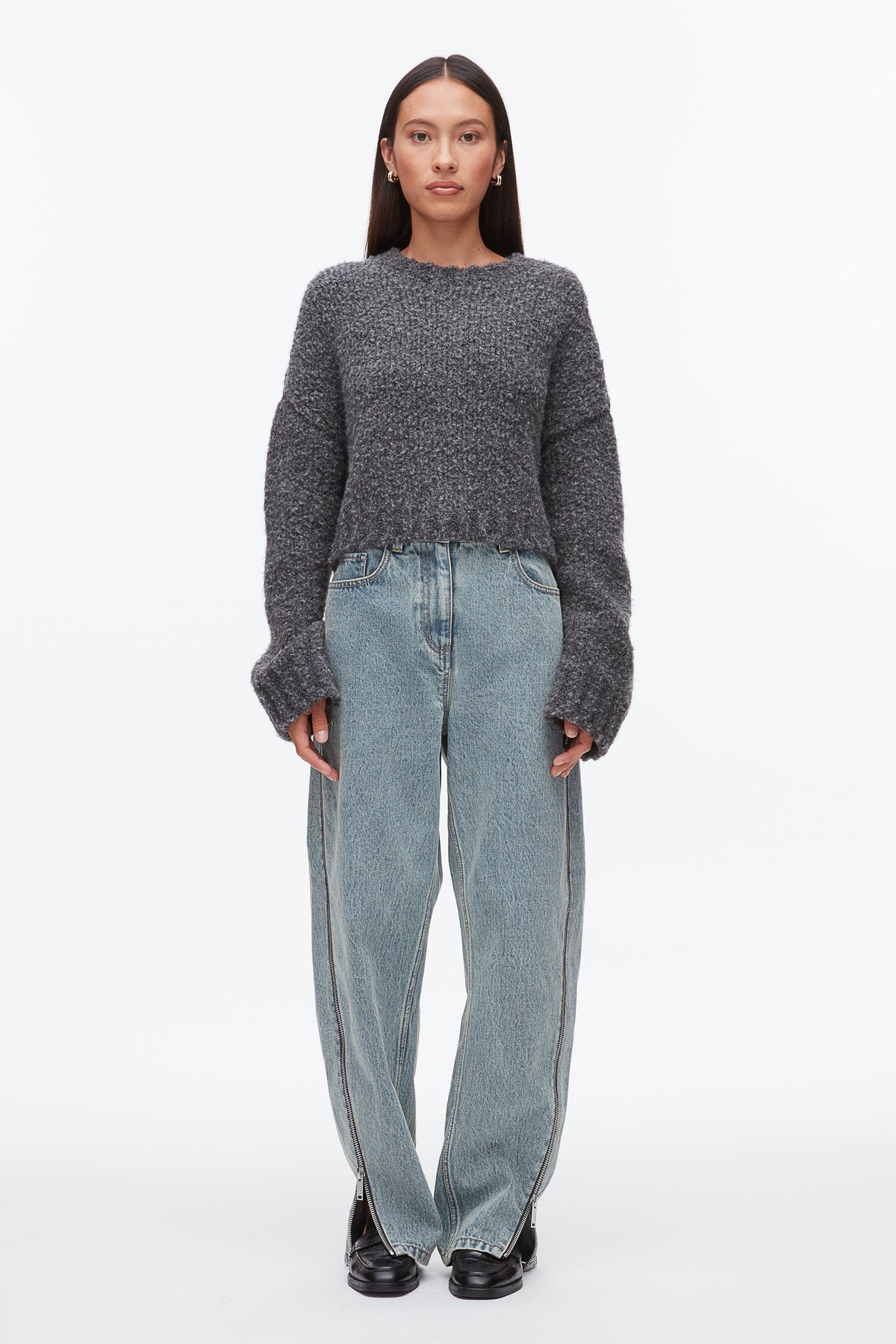 Charcoal Melange Boucle Zipper Crewneck | 3.1 Phillip Lim