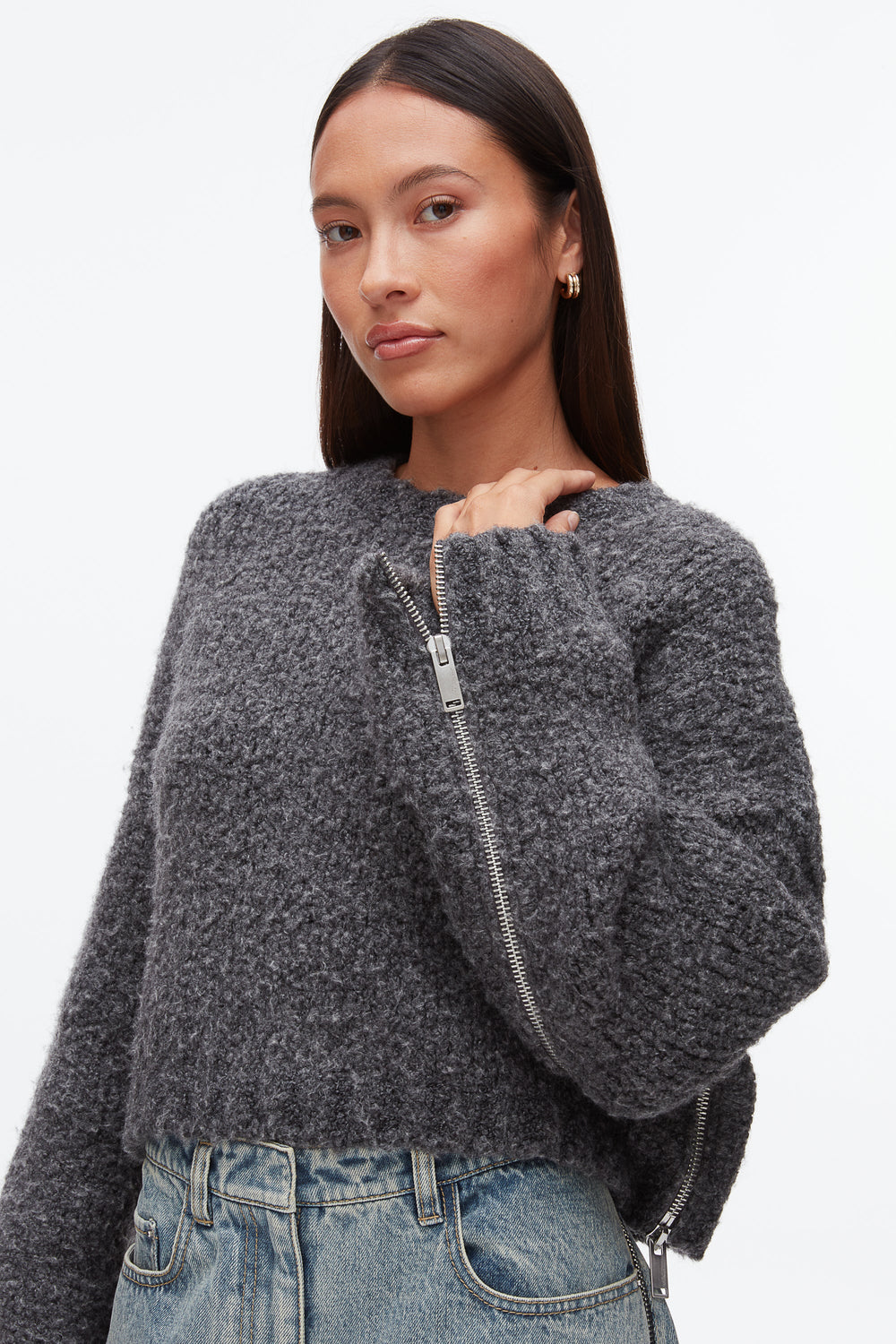 Charcoal Melange Boucle Zipper Crewneck | 3.1 Phillip Lim