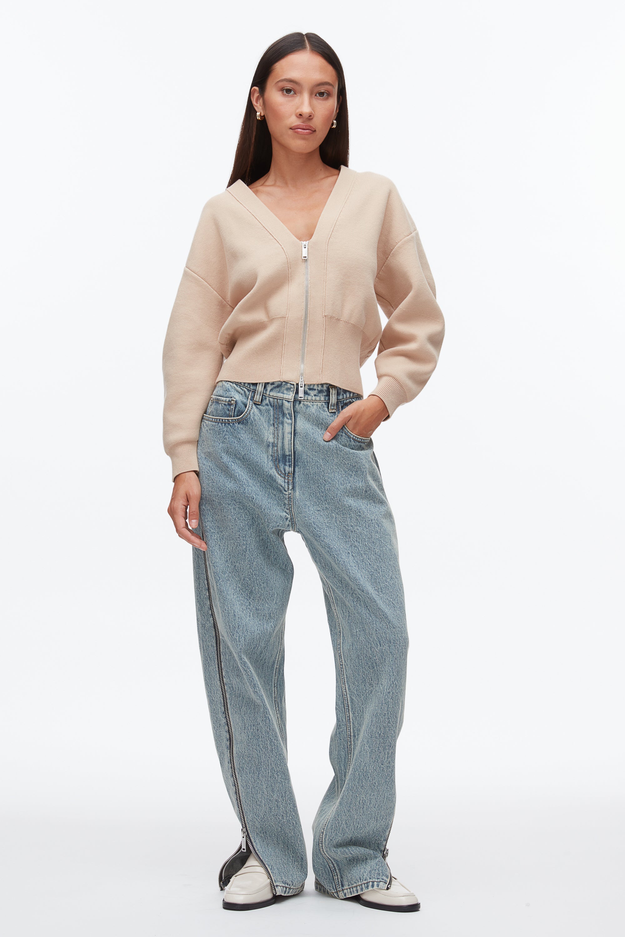 Beige Round Sleeve Zip Cardigan | 3.1 Phillip Lim