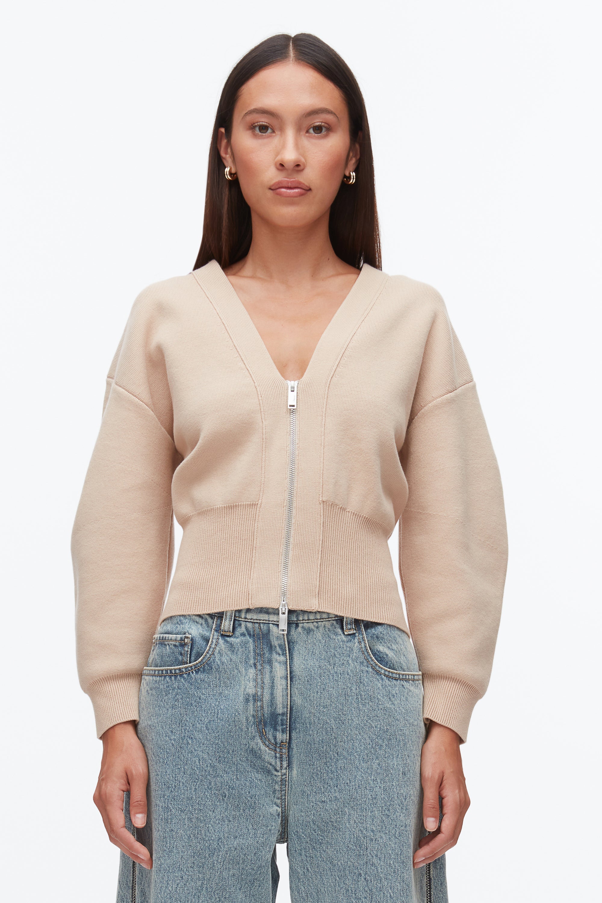 Beige Round Sleeve Zip Cardigan | 3.1 Phillip Lim