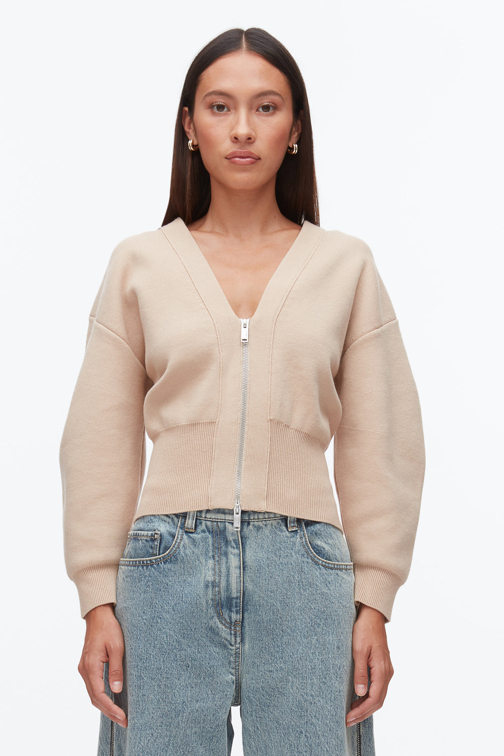 Beige Round Sleeve Zip Cardigan | 3.1 Phillip Lim