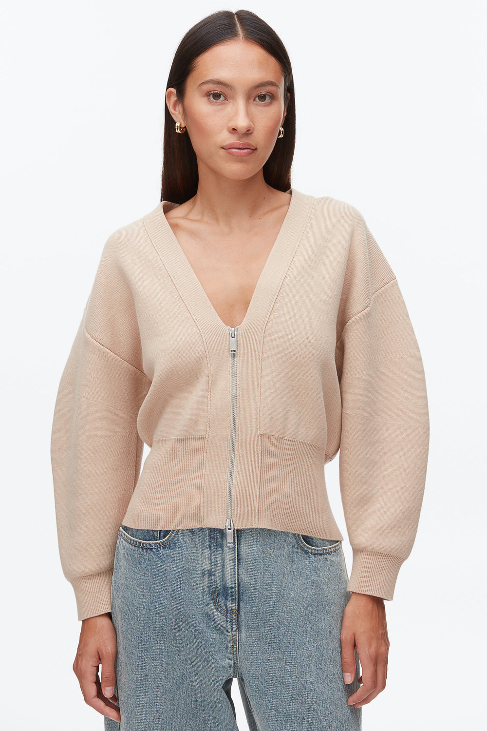 Beige Round Sleeve Zip Cardigan | 3.1 Phillip Lim