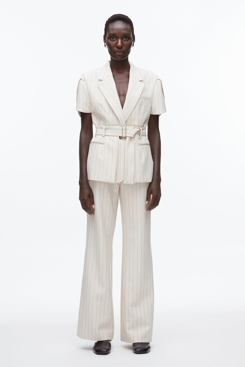 Ecru-Tan Pinstripe Tulip Sleeve Blazer | 3.1 Phillip Lim