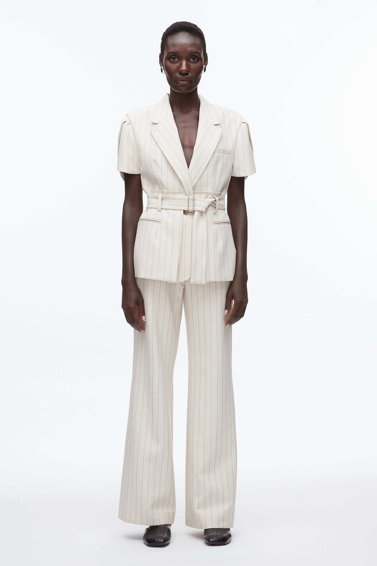 Ecru-Tan Pinstripe Tulip Sleeve Blazer | 3.1 Phillip Lim