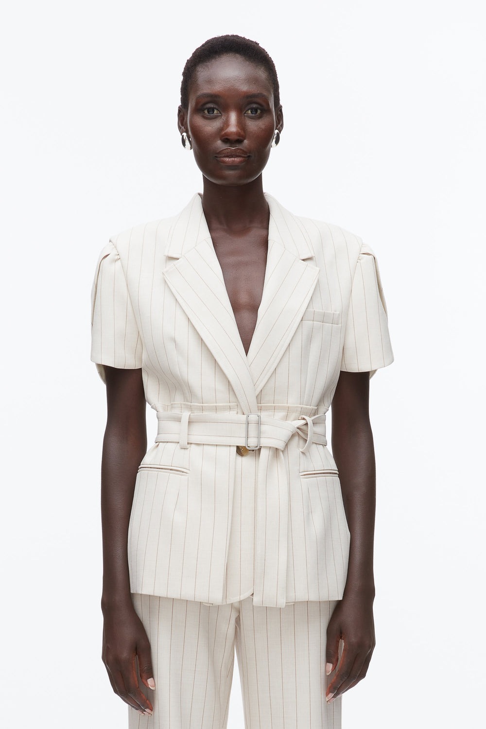 Ecru-Tan Pinstripe Tulip Sleeve Blazer | 3.1 Phillip Lim
