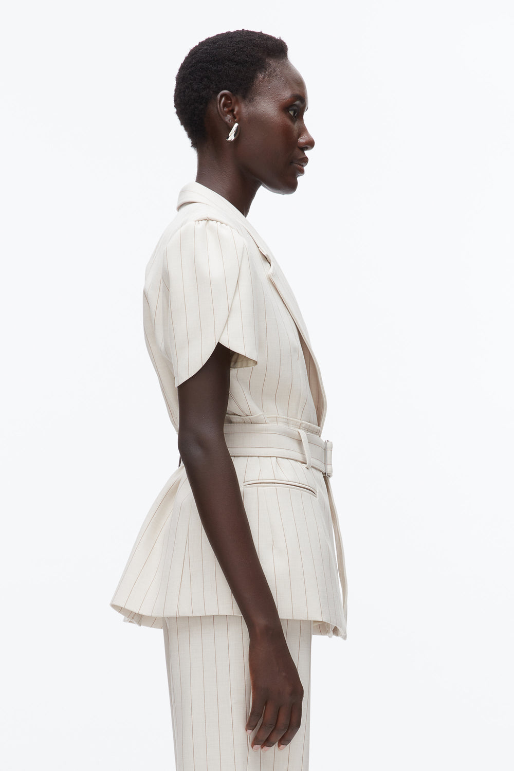 Ecru-Tan Pinstripe Tulip Sleeve Blazer | 3.1 Phillip Lim