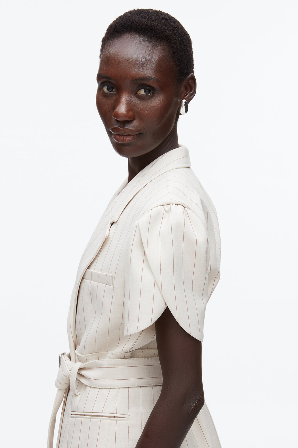 Ecru-Tan Pinstripe Tulip Sleeve Blazer | 3.1 Phillip Lim