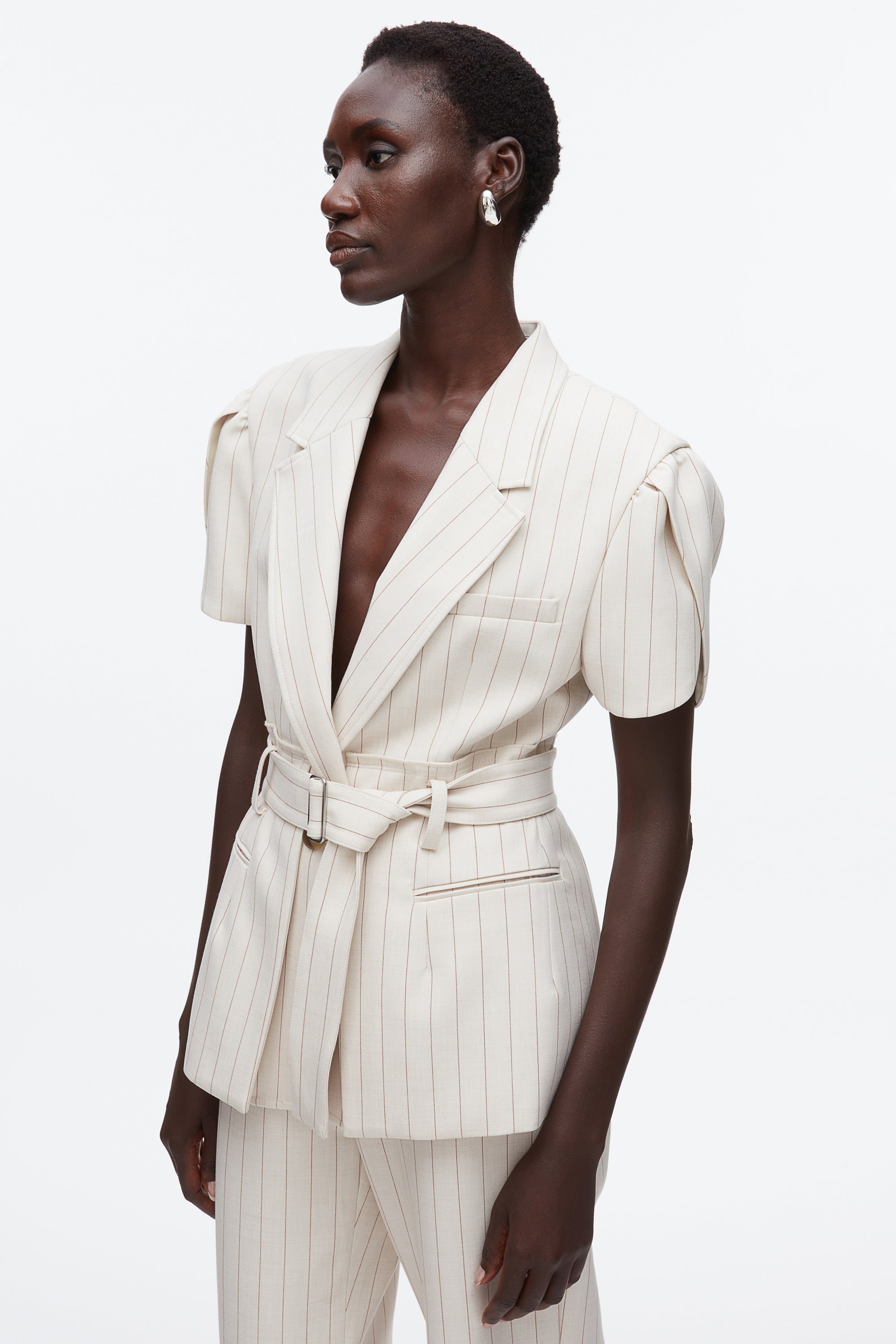 Ecru-Tan Pinstripe Tulip Sleeve Blazer | 3.1 Phillip Lim