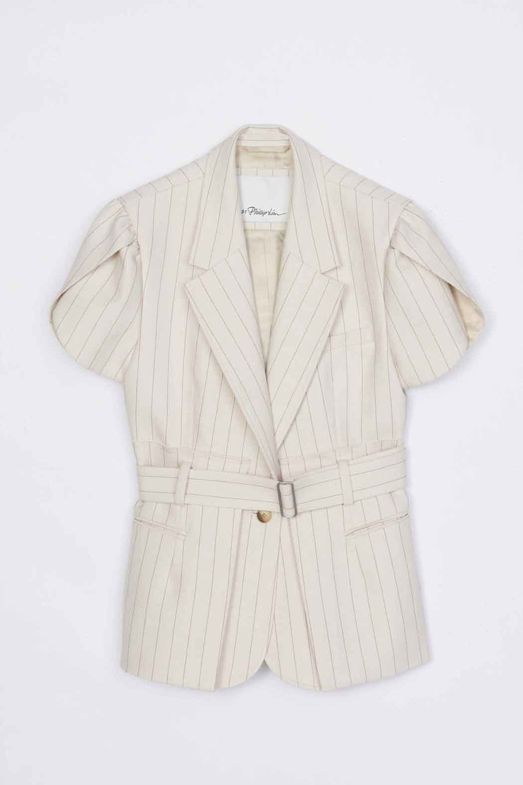 Ecru-Tan Pinstripe Tulip Sleeve Blazer | 3.1 Phillip Lim
